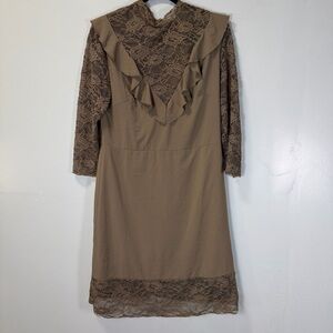Mia Joy Joyfolie Brown Lace Trim Long Sleeve Cottagecore Sheath Dress‎ Womens XL
